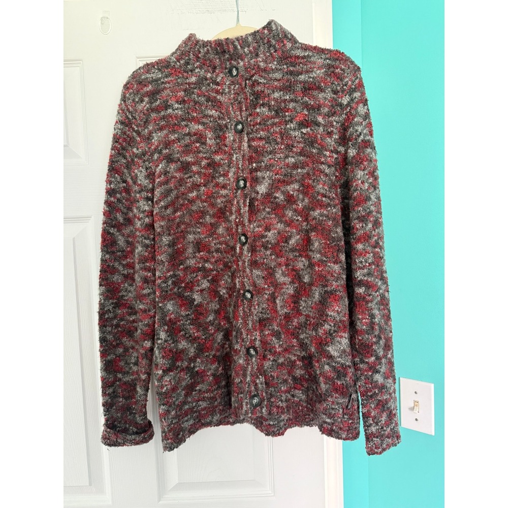Woolrich Womens Large Red Grey Marled Knit Button Front Cardigan Sweater